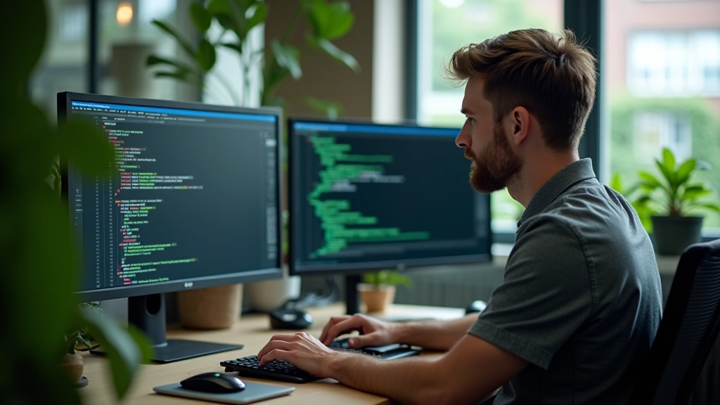 Developer aan het werk aan code en duurzaam webontwerp, kantoor setting met monitors en eco-vriendelijke decoratie