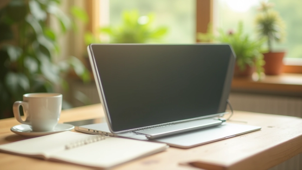 Laptop op een duurzaam houten bureau met koffie en minimalistisch design