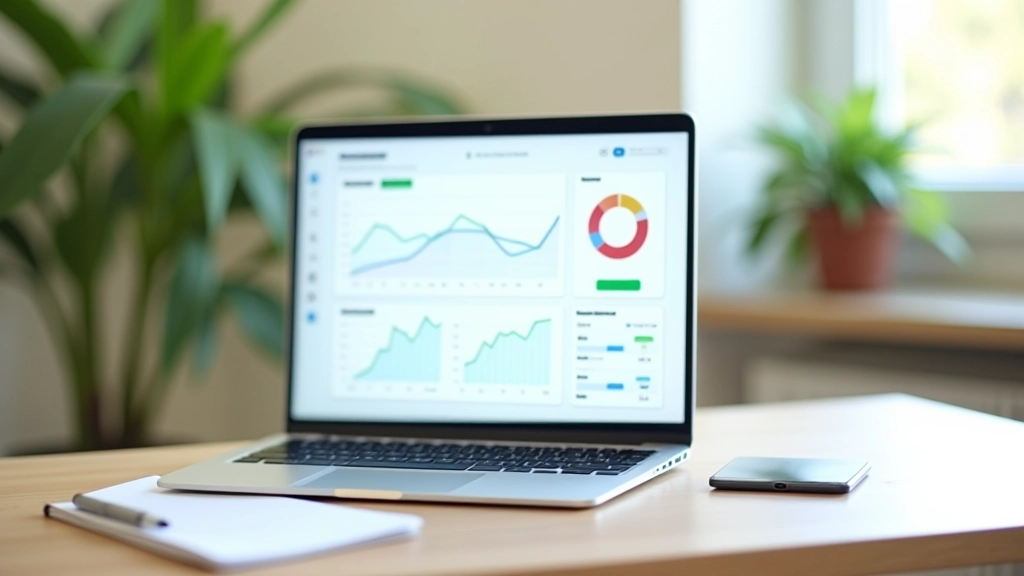 Laptop op houten bureau met analytics dashboard op het scherm, heldere verlichting