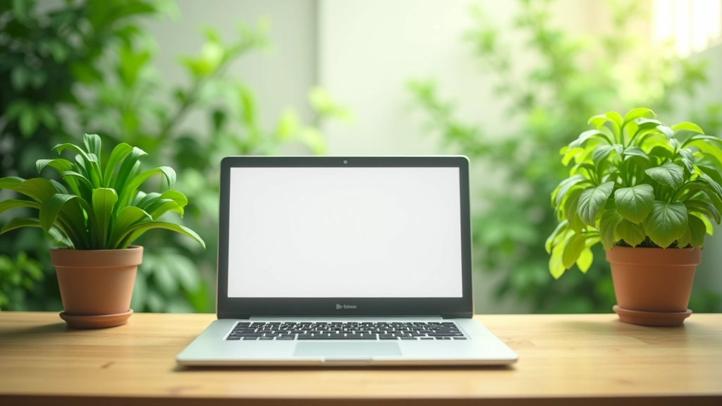 Groene bladeren rond een laptop scherm symboliseren eco-vriendelijk ontwerp
