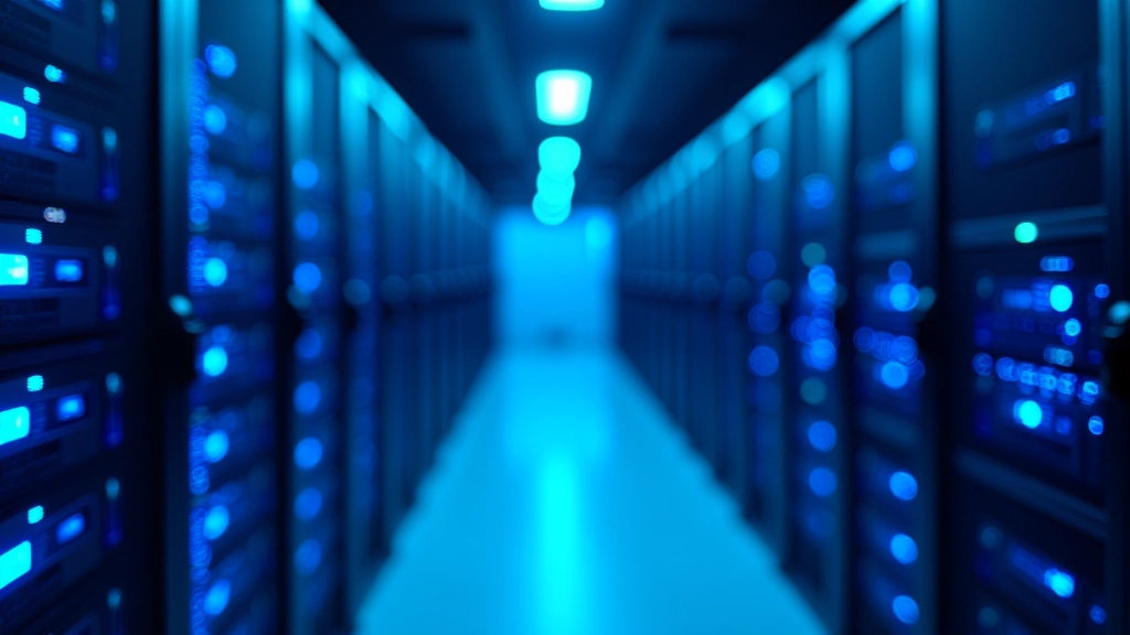 Serverruimte met blauwe LED-verlichting en rijen servers in een datacenter