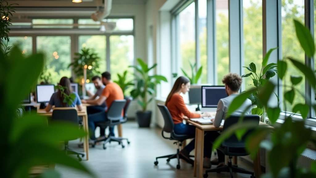 Duurzaam webdesign kantoor met groene planten en moderne computers