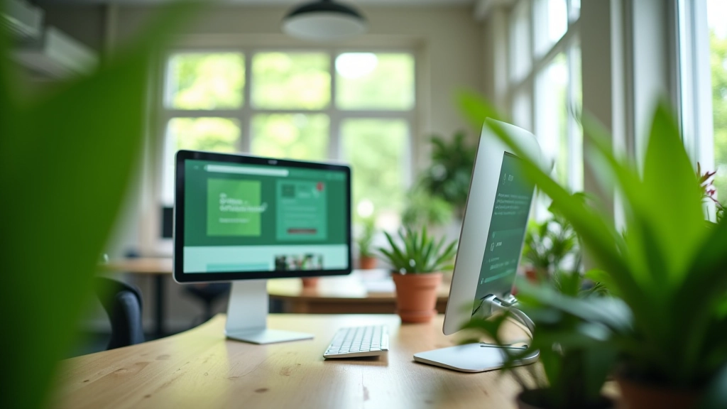 Moderne werkplek met groene planten en scherm met duurzaam webdesign, heldere daglicht, eco-vriendelijke kantooromgeving