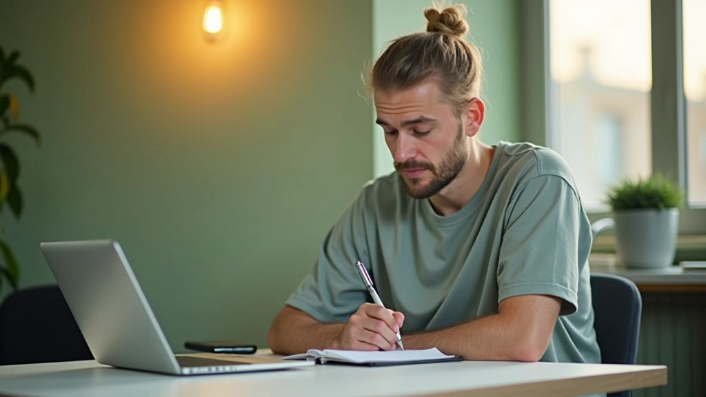 Persoon op kantoor zit achter laptop met checklist op papier, notities over hosting providers