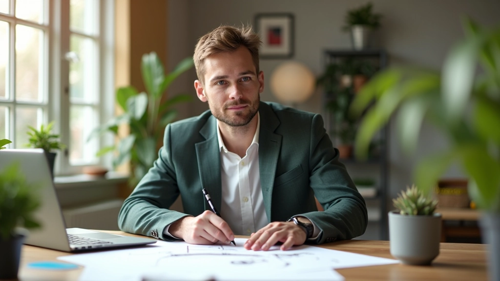 Designer aan het werk op laptop met notities over webdesign op een bureau